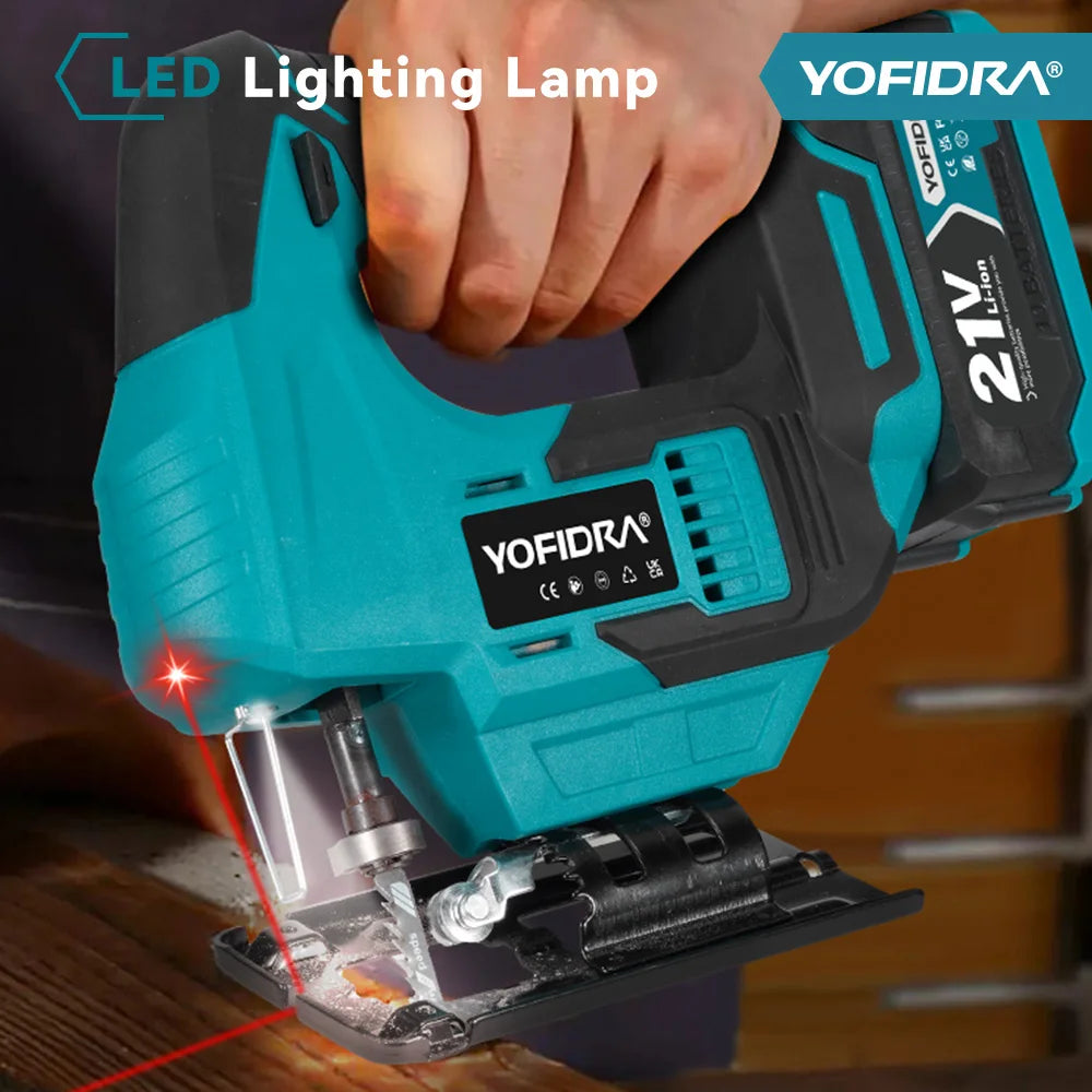 Scie sauteuse sans fil YOFIDRA avec laser rouge, outil électrique multifonction pour découpe de courbes, tuyaux et bois, compatible avec batteries Makita 18-21V