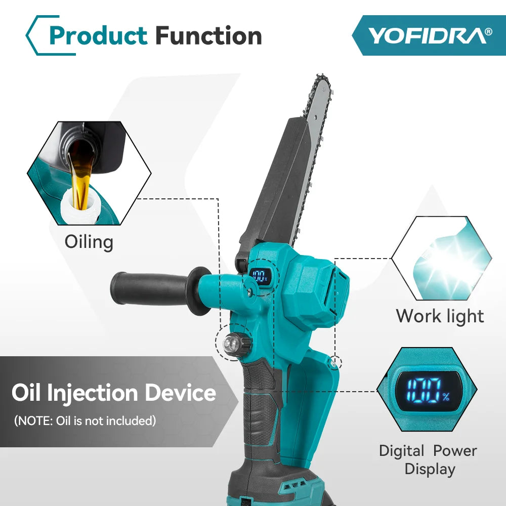 YOFIDRA 4500W Brushless 8 Inch Electric Chainsaw Digital Display Woodworking Pruning Saw Cutting Tool For 21V Battery Pin