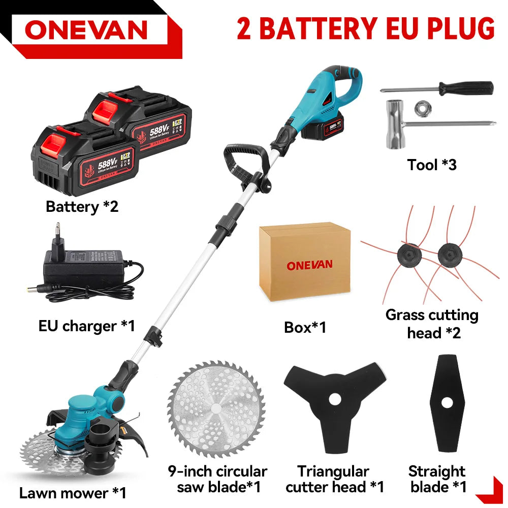 ONEVAN Borstelloze Elektrische Grasmaaier 36000RPM Grastrimmer 90° Verstelbaar Opvouwbaar Tuingereedschap voor Makita 18V Accu