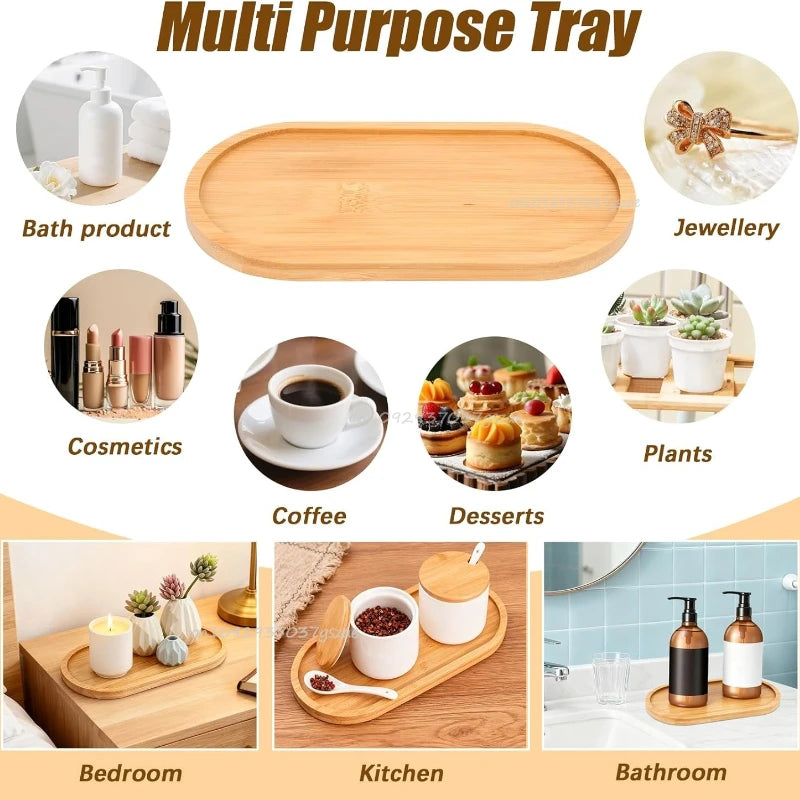 Natural Bamboo Wooden Organizer Tray Oval Rectangular Shape for Bathroom Counter Storage Jewelry Skincare Display Bamboo Tray