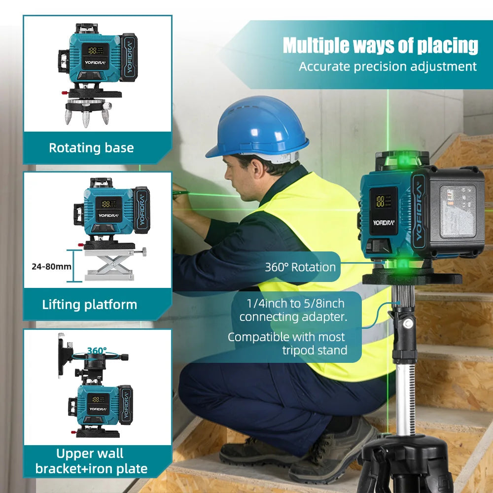 YOFIDRA 16 Lines 4D Laser Levels 360 Vertical & Horizontal Lasers Professional Super Power  Green Beam Laser Measure Machine