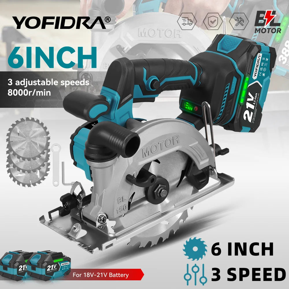 YOFIDRA 6 Inch Brushless Electric Circular Saw Handheld Wood PVC Pipe Cutting Tool with 55mm Cutting Depth for Makita 18-21V Battery Pin