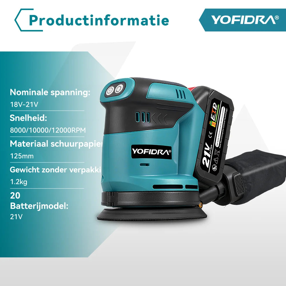 YOFIDRA Electric Orbital Sander 125MM Cordless Grinding Sanding Polishing Machine Woodworking Power Tool For Makita Battery Pin