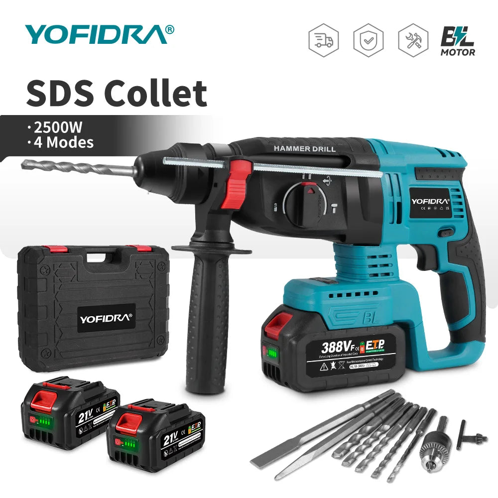 Perceuse à percussion sans fil YOFIDRA, marteau perforateur électrique sans balais 26 mm, ensemble d'outils électroportatifs pour le travail du bois, compatible avec batterie Makita 18V