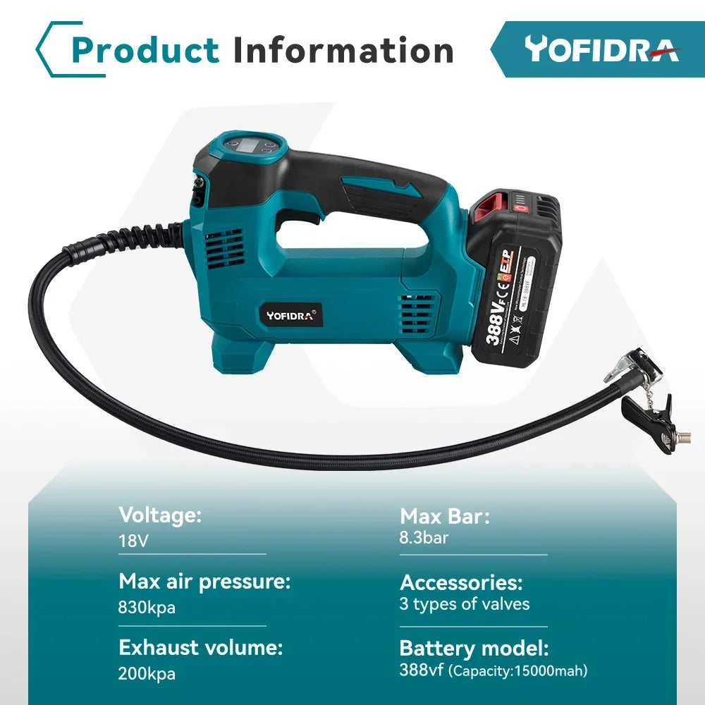 Yofidra 830Kpa Inflatable Pump High Pressure Digital Air Compressor Car Electric Air Pump Pneumatics For Makita 18V Battery