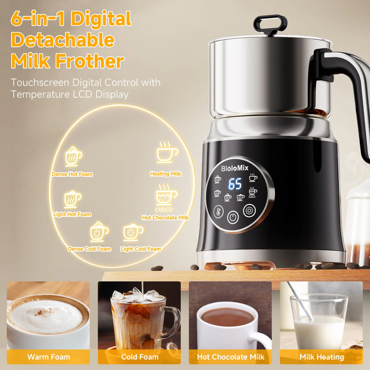 BioloMix 6-in-1 Afneembare Elektrische Melkopschuimer - Automatische Warme en Koude Schuimmaker voor Koffie en Warme Chocolademelk