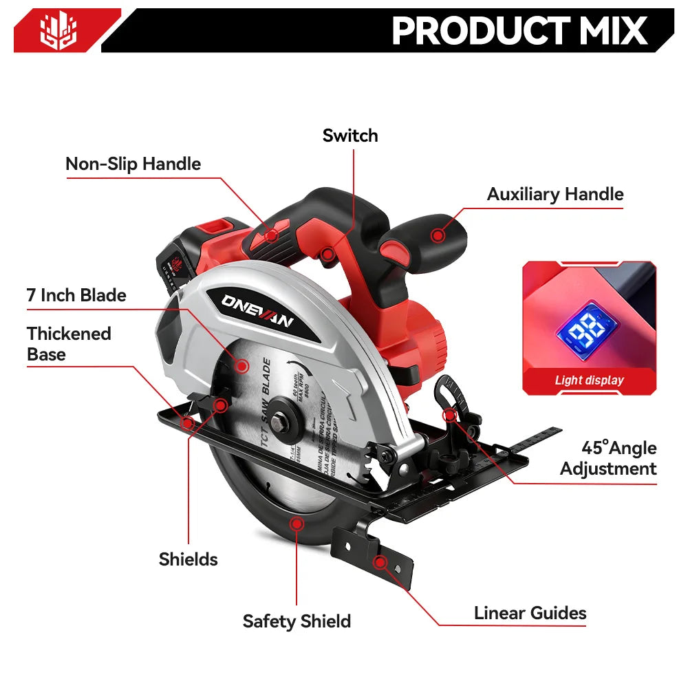 ONEVAN 4000W Brushless Electric Circular Saws 7Inch 185mm Cordless Electric Cutting Woodworking Tool For Makita 18V Battery Pin