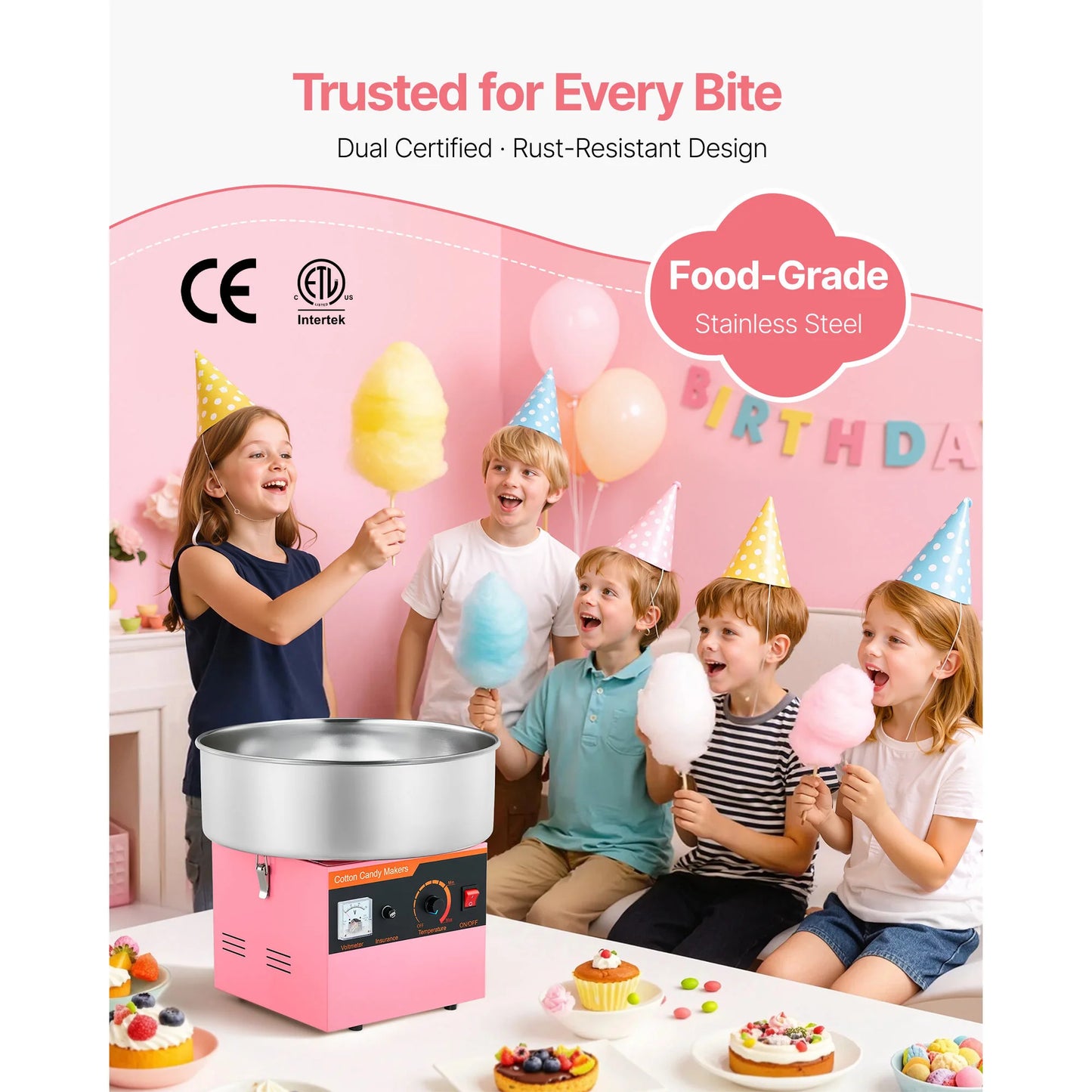 SucceBuy Cotton Candy Machine Commercial 1000W Electric Candy Floss Maker Easy Use with 15 inch Stainless Steel Bowl for Kids