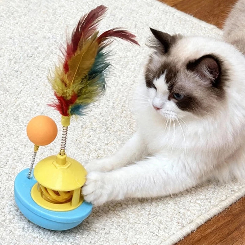 Interactive Cat Tumbler Toy with Bell Ball Funny Pet Feather Toy for Cats Kitten Turntable Toy Cat Accessories