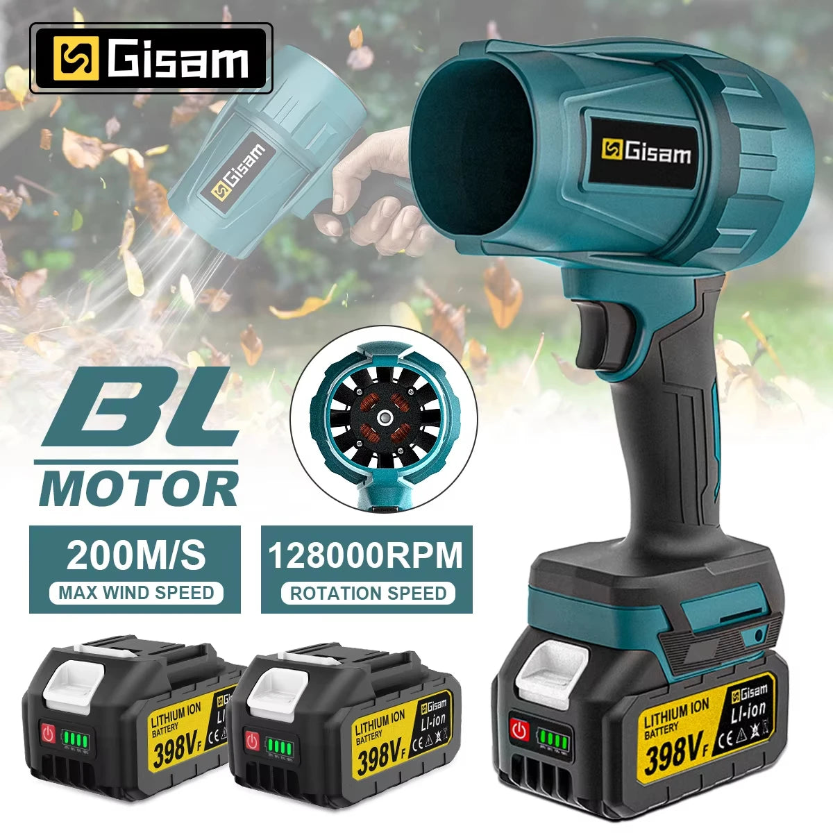 Ventilateur turbo sans balais Gisam 200 m/s, souffleur d'air électrique sans fil 1500 W, outil électrique portatif puissant pour batterie Makita 18 V