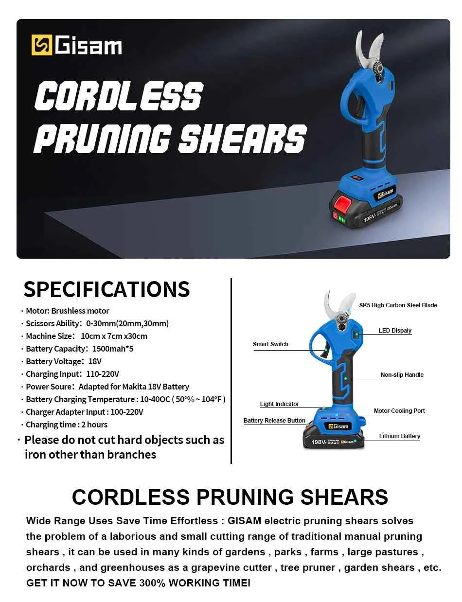 Gisam 30mm Cordless Pruner Shear for Efficient Fruit Tree and Bonsai Pruning with Makita 18V Battery