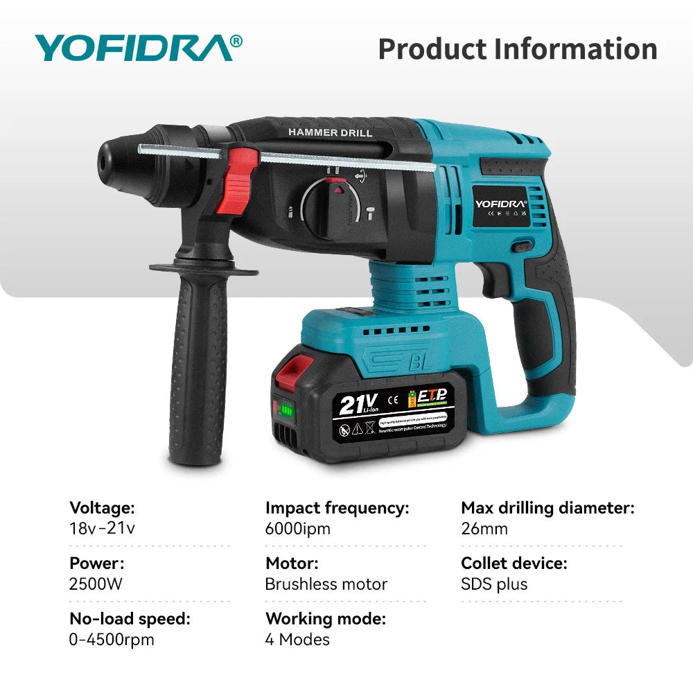 Perceuse à percussion sans fil YOFIDRA, marteau perforateur électrique sans balais 26 mm, ensemble d'outils électroportatifs pour le travail du bois, compatible avec batterie Makita 18V