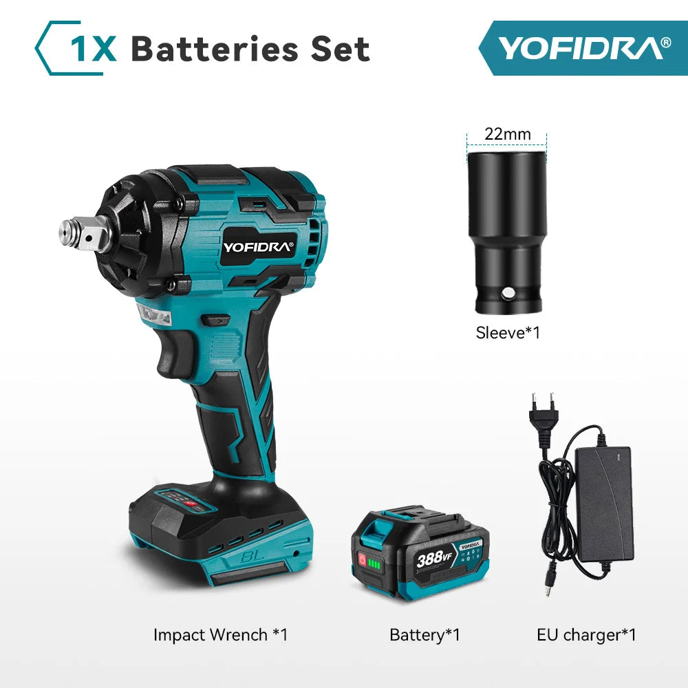 YOFIDRA Boulonneuse à chocs électrique sans fil 1/2" 1000 N.m, clé à chocs portative pour vissage automobile, ensemble avec douilles, compatible batterie Makita avec goupille