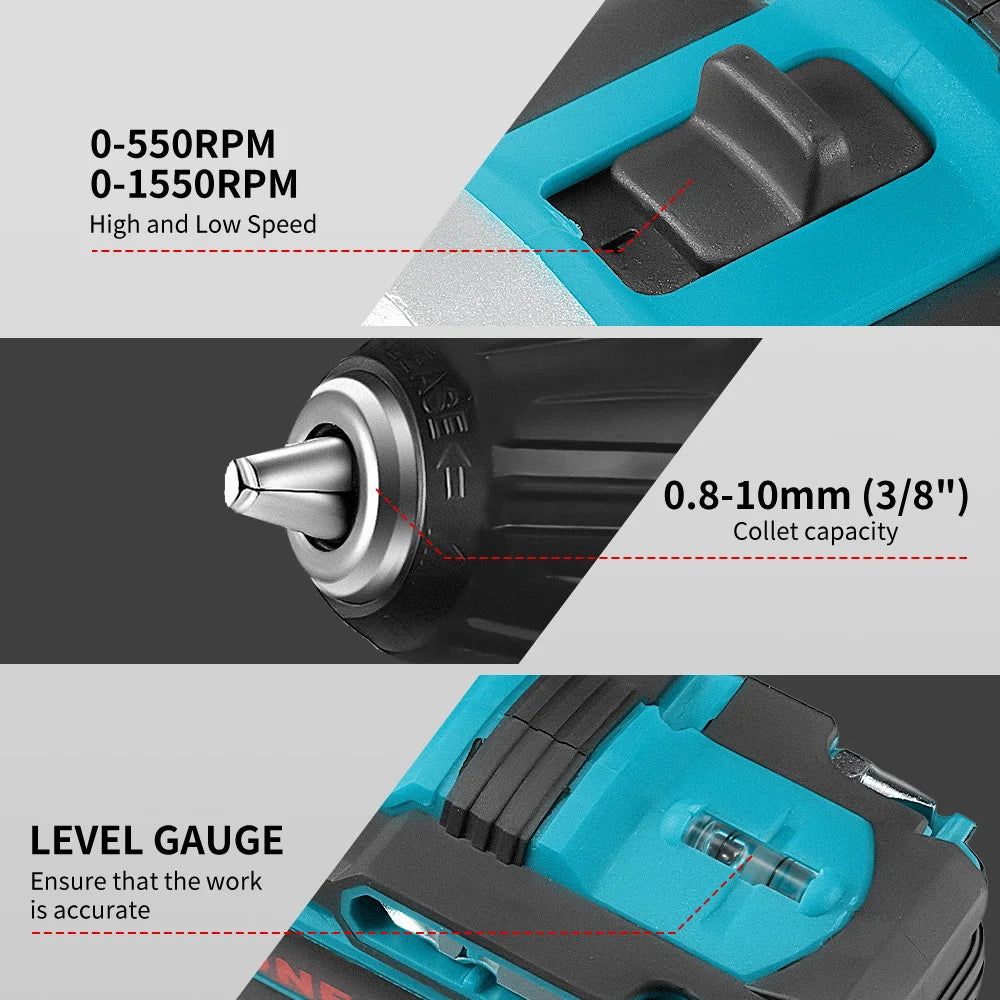 ONEVAN 25+3 Koppel Accuboormachine Elektrische Schroevendraaier 38NM Klopboormachine Elektrisch Gereedschap voor Makita 18V Accu