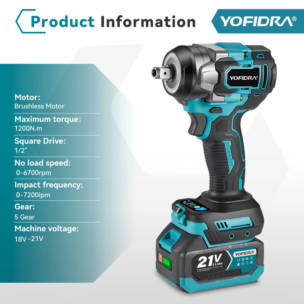 YOFIDRA 5 Gears 1200N.M Torque Brushless Electric Wrench Cordless Car Screwdriver Househeld Power Tools For Makita Battery Pin