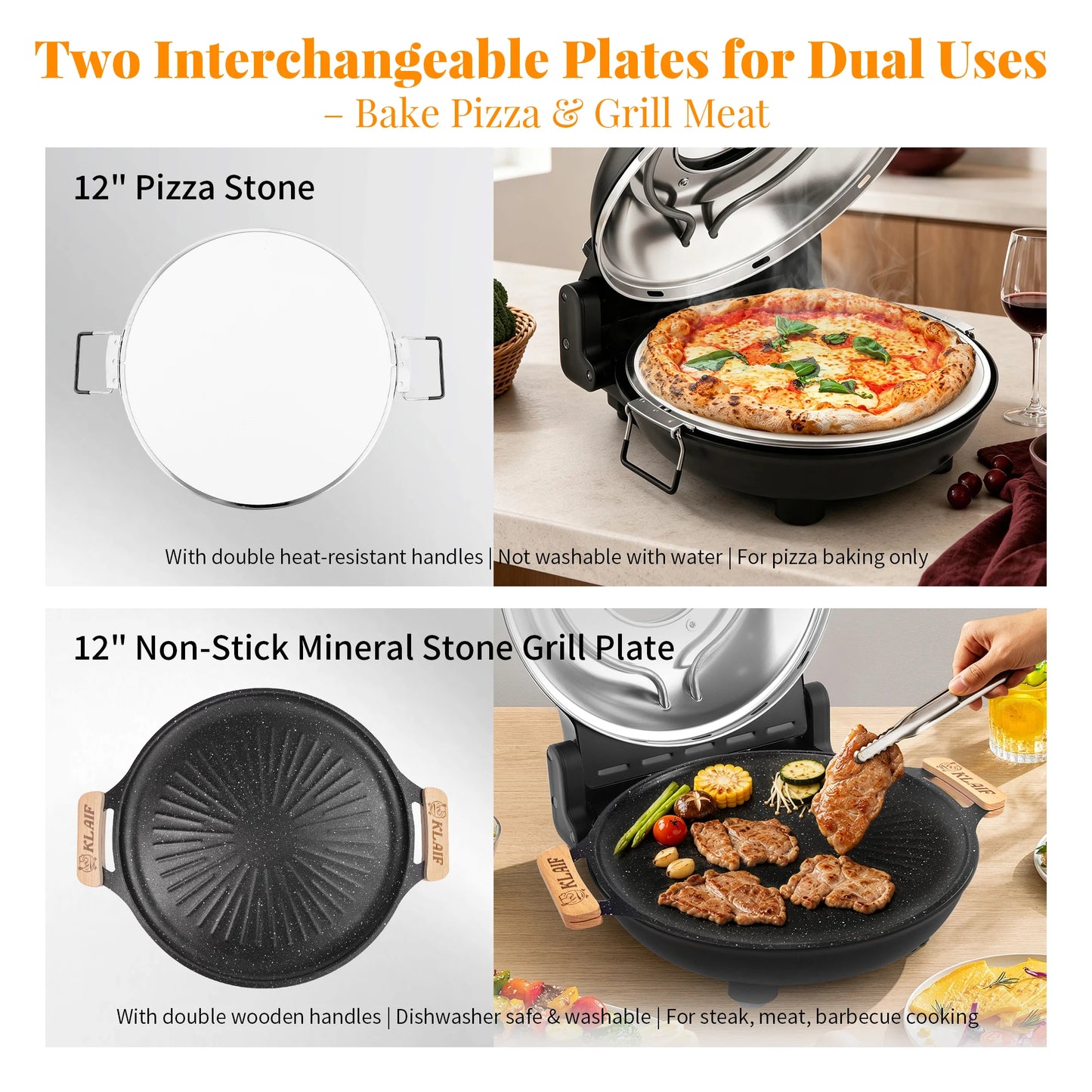 Dual Temp Control Pizza Oven with 420℃ Max Temp, 12" Pizza Stone & Mineral Stone Plate, Household Machine for Pizza and Steak