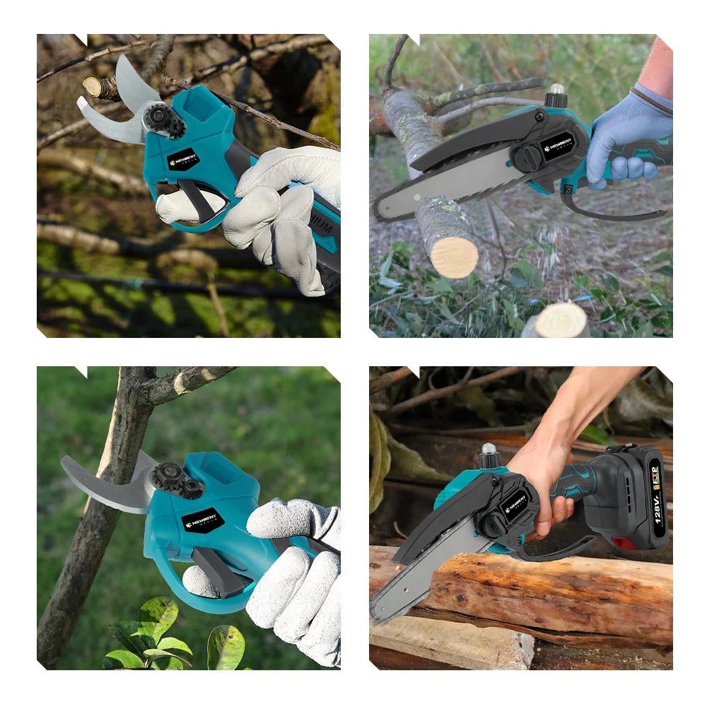 NEWBENY Brushless 30MM Electric Pruning Shears ＆ 6 inch Chainsaw Cordless Garden Cutter DIY Tools Set For Makita Battery Pin