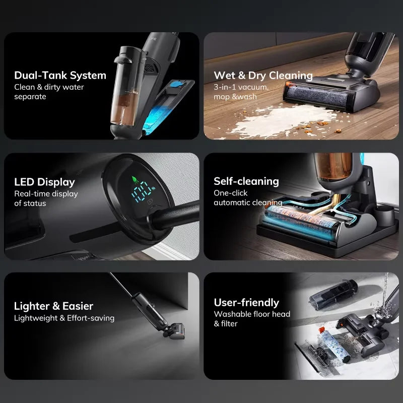 ILIFE W90 Pro Snoerloze Stofzuiger en Dweil Nat & Droog, 7000Pa Zuigkracht, Zelfreiniging met één druk op de knop, Vloerreiniger, LED-display, Grote dubbele watertank, Verbeterde W90