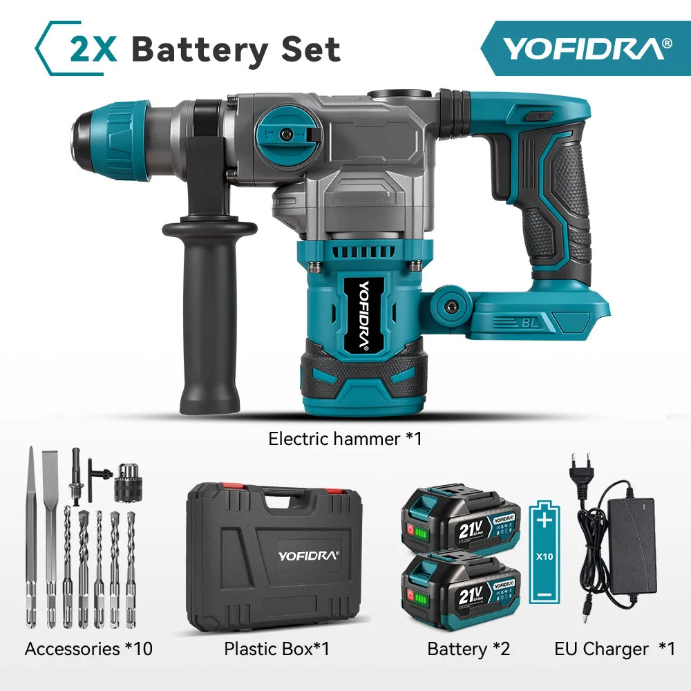 Marteau perforateur électrique sans balais YOFIDRA 3500W, 26 mm, multifonction, perceuse à percussion sans fil, outil électrique rotatif compatible avec batterie Makita