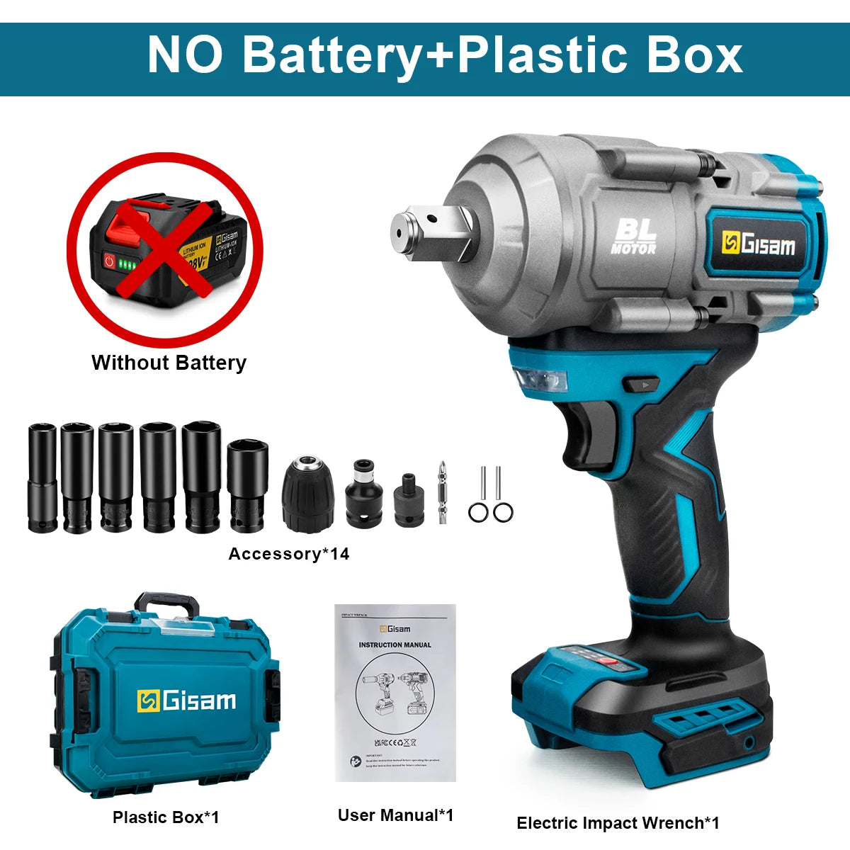 Gisam 2000N.m Brushless Impact Wrench 1/2" Repair Cordless Screwdriver 5Gear Hexs Socket Adapter Kit for Makita 18V Battery Pins