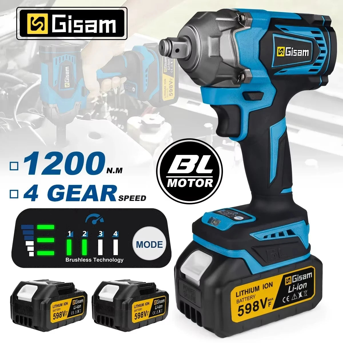 Gisam 1200N.M Koppel Borstelloze Elektrische Slagmoersleutel 1/2 inch Accusleutel Schroevendraaier Elektrisch Gereedschap voor Makita 18V Accu Pin