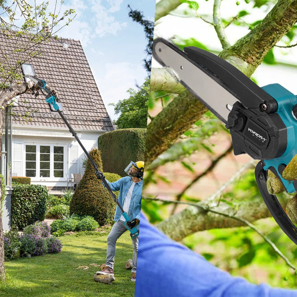 YOFIDRA Borstelloze elektrische kettingzaag met telescopische steel, 3-in-1 takkenzaag voor houtbewerking en snoeien, elektrisch gereedschap voor Makita-accu