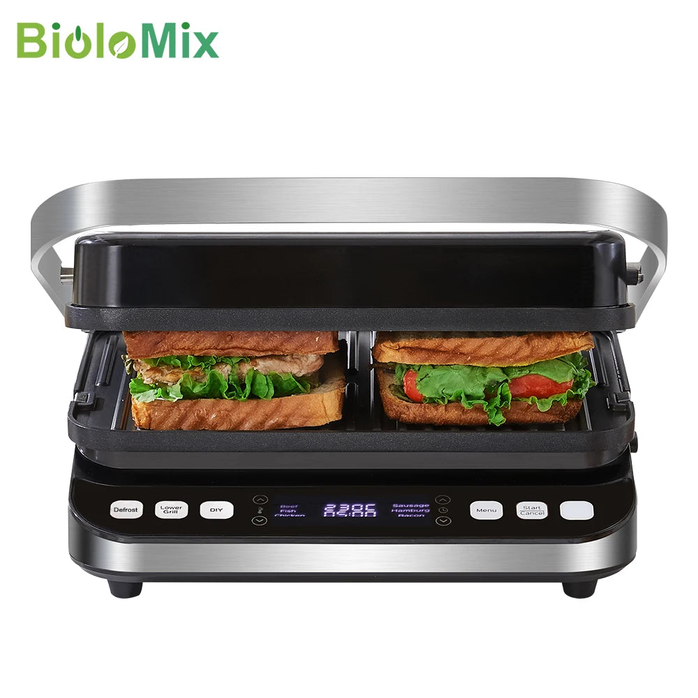 BioloMix 2000W Digitale Contactgrill met 180 graden open ontwerp, optionele wafelplaten voor panini, barbecue en meer