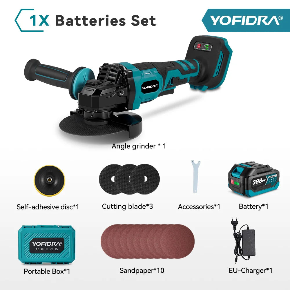 YOFIDRA 125MM Borstelloze Elektrische Haakse Slijpmachine Efficiënte 3 Versnellingen Trimmen Machine Snijgereedschap Set Voor Makita Accu Pin