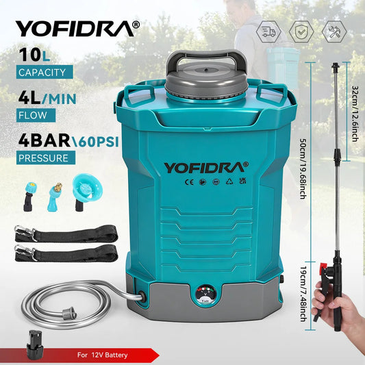 YOFIDRA 60PSI 4L/MIN Electric Lithium Sprayer 10L High Capacity Yard Lawn Spraying Irrigation Backpack Sprayer Power Tools