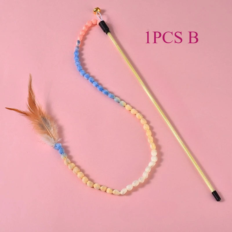 Lot de 3 jouets interactifs pour chat, canne à pêche arc-en-ciel pour chats et chatons d'intérieur, jouet teaser coloré avec ficelle, peluche et plumes