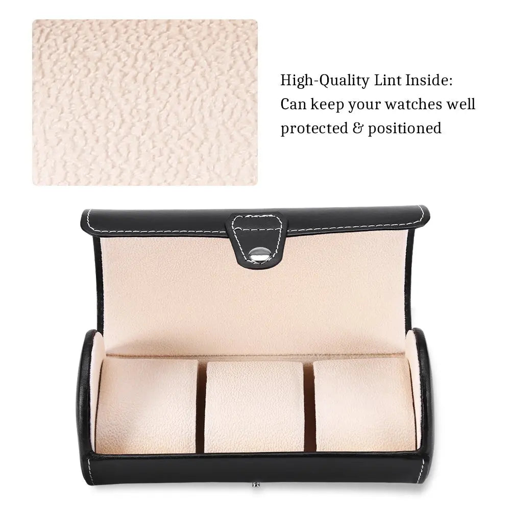 Watch Storage Box, PU Leather Roll Travel Watch Box,3 Grids Cylinder Roll Holder Wristwatch Jewelry Gift Storage Display Case