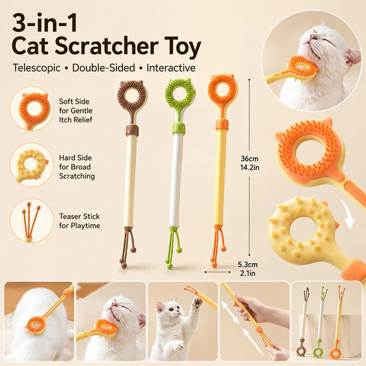 3 in 1 Telescopic Cat Tease Toy Double Sided Cat Massage Stick Interactive Cat Teaser Wand Pet Itch Relief Toy for Indoor Cats