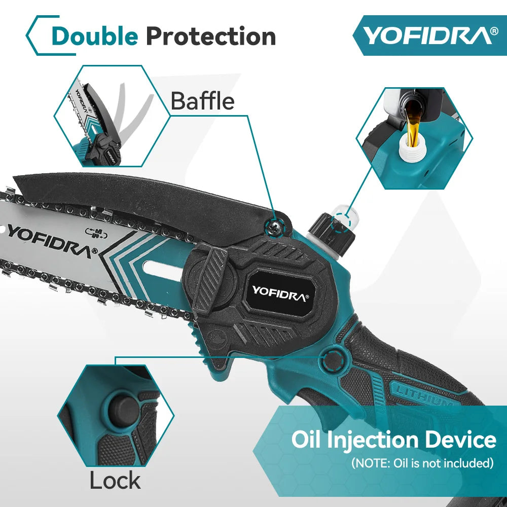 Tronçonneuse électrique portable YOFIDRA 30000 tr/min de 6 pouces, outil de coupe pour jardin et travail du bois, compatible avec batterie Makita 21V