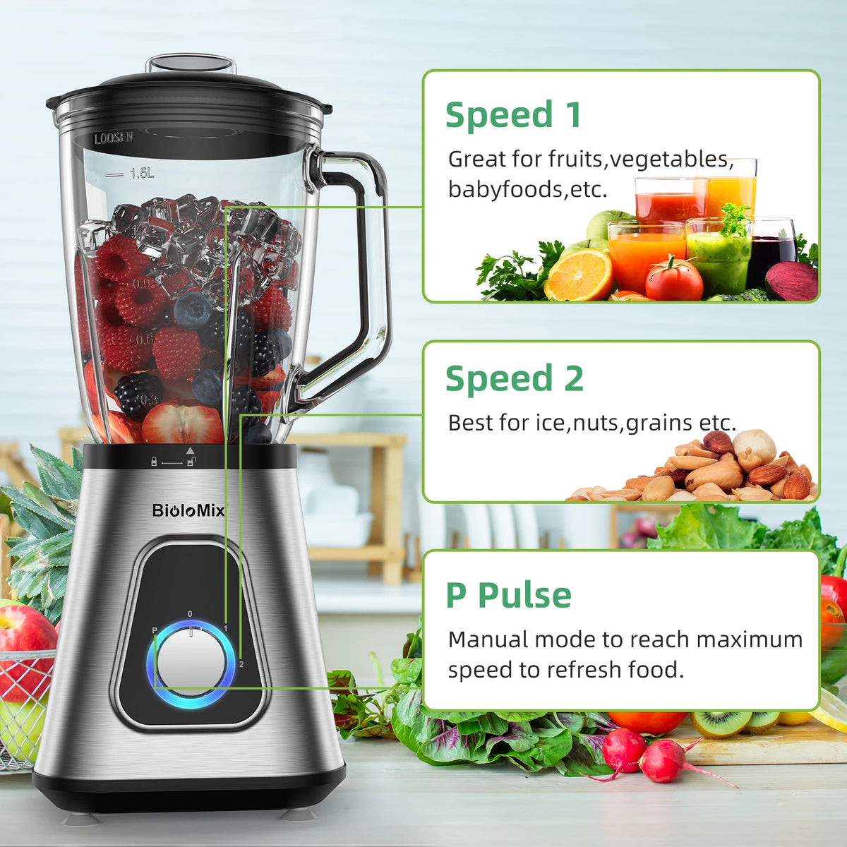 BioloMix professionele 1300W blender met 1,5L BPA-vrije glazen kan, perfect voor bevroren smoothies en zelfgemaakte sauzen