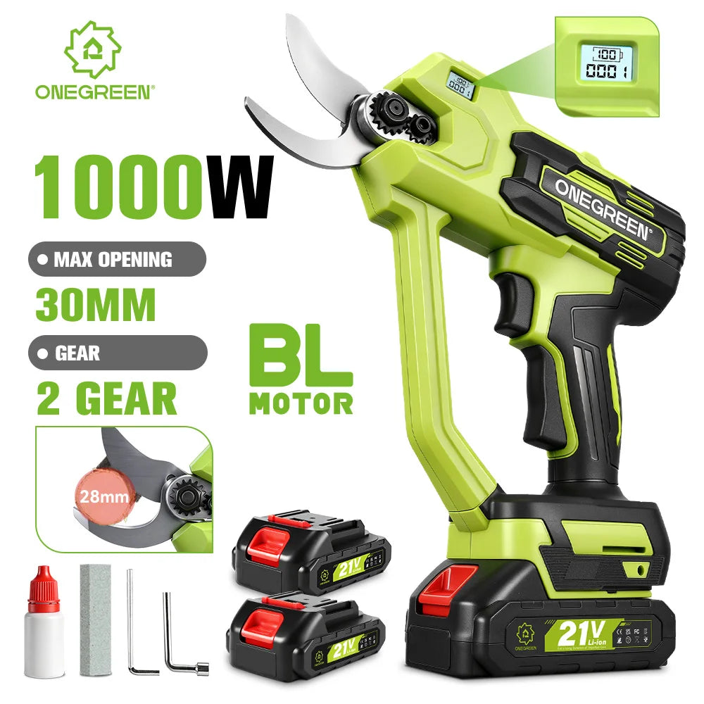 ONEGREEN Brushless 30MM Electric Pruner Shear 2 Gears Cordless Scissors Tree Bonsai Pruning Tools For Makita 21V Battery Pin