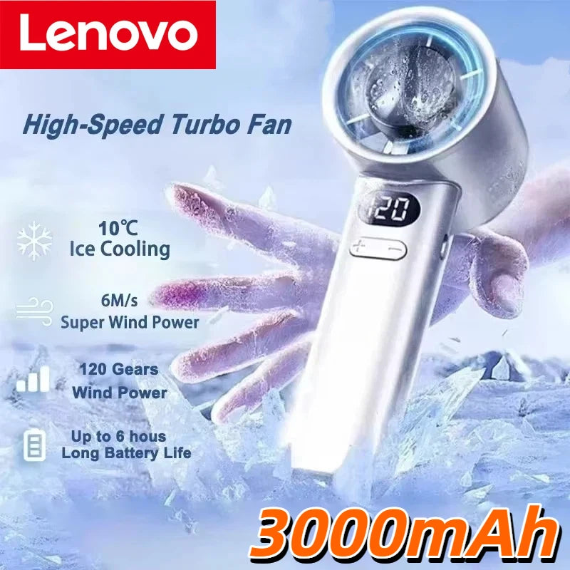 Lenovo Ice Compress High-Speed Cooling 3000mah USB Rechargeable Portable Fan LED Digital Display Handheld Fan Electric Hand Fan