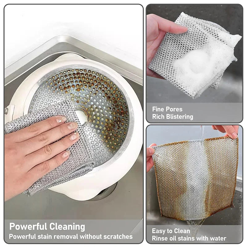 Metal Steel Wire Cleaning Rags Home Kitchen Pot Dish Pan Magic Dishcloth Towels Double Layer Non Stick Oil Steel Wire Rag Cloths