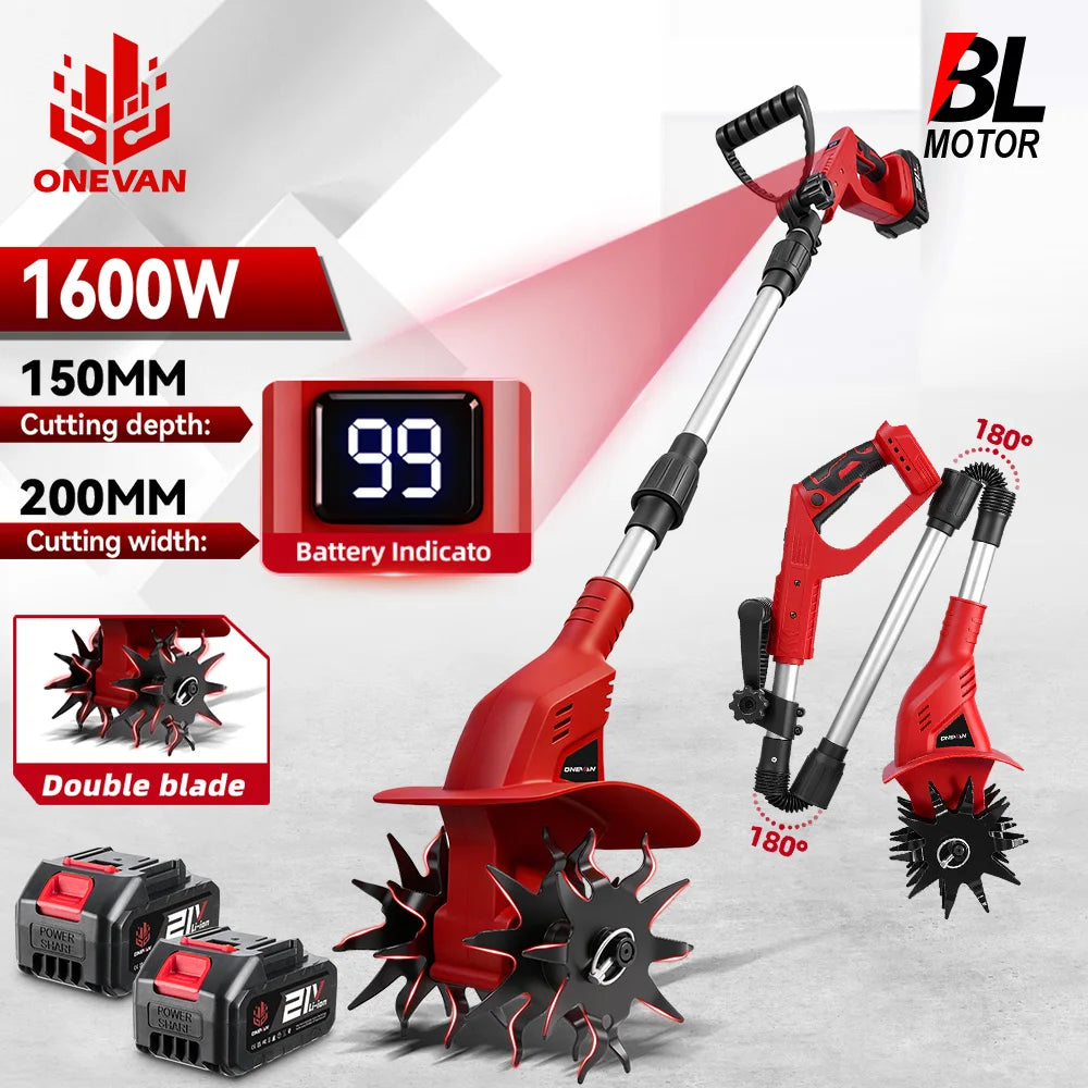 ONEVAN Borstelloze 1600W Elektrische Tuinfrees Cultivator Grastrimmer Grondbewerkingsmachine voor Makita Accu