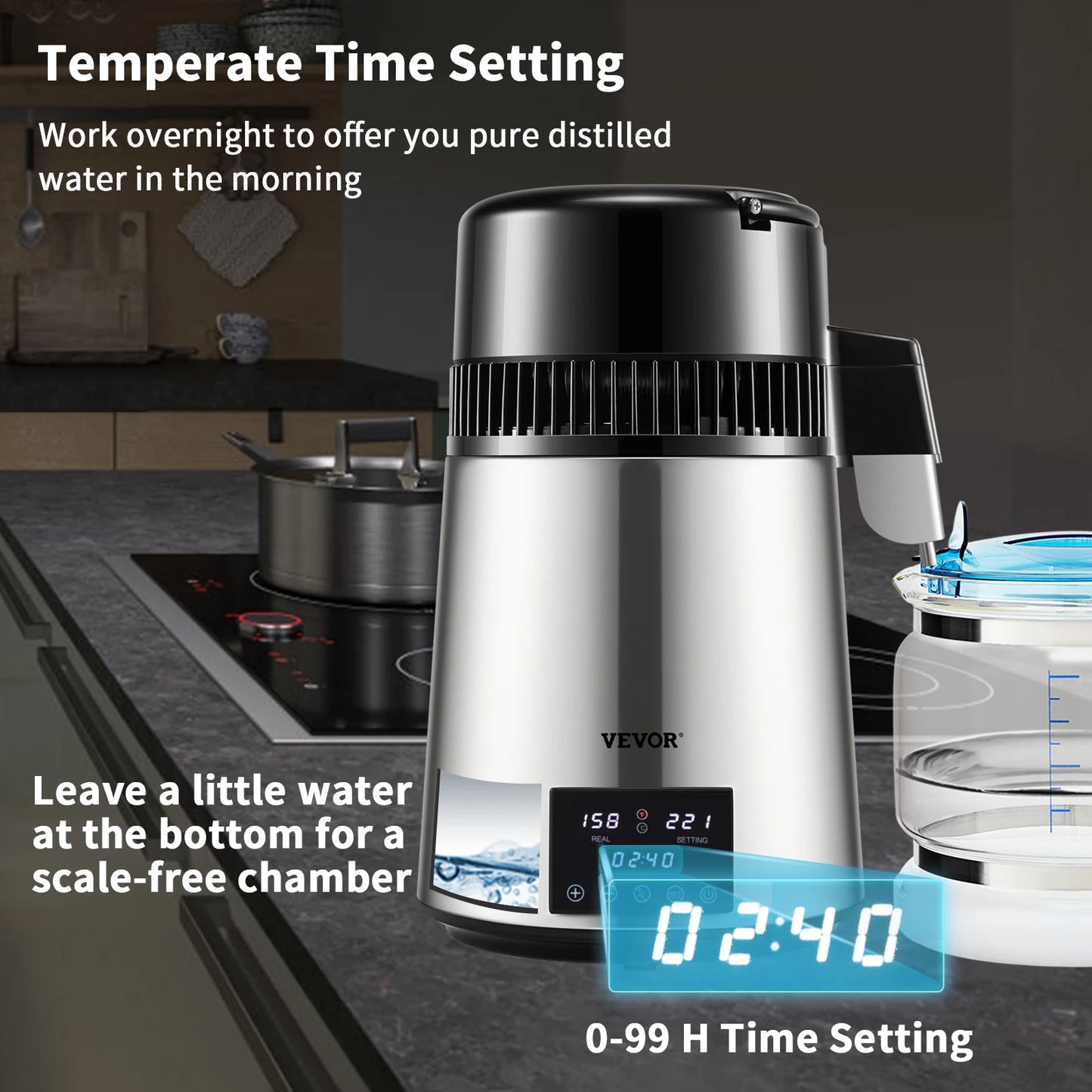SucceBuy 1.5L/H Distilling Speed 4L Water Distiller Treatmen Purifier Filter Touch Screen Time Setting 304 Stainless Home Use