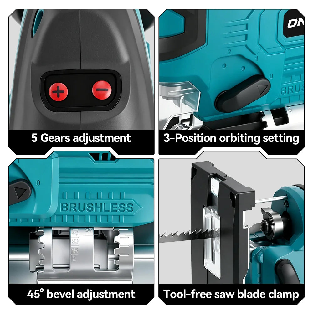Scie sauteuse électrique sans fil sans balais ONEVAN 3500 tr/min, 1000W, outil de découpe pour travail du bois, compatible avec batterie Makita 18V