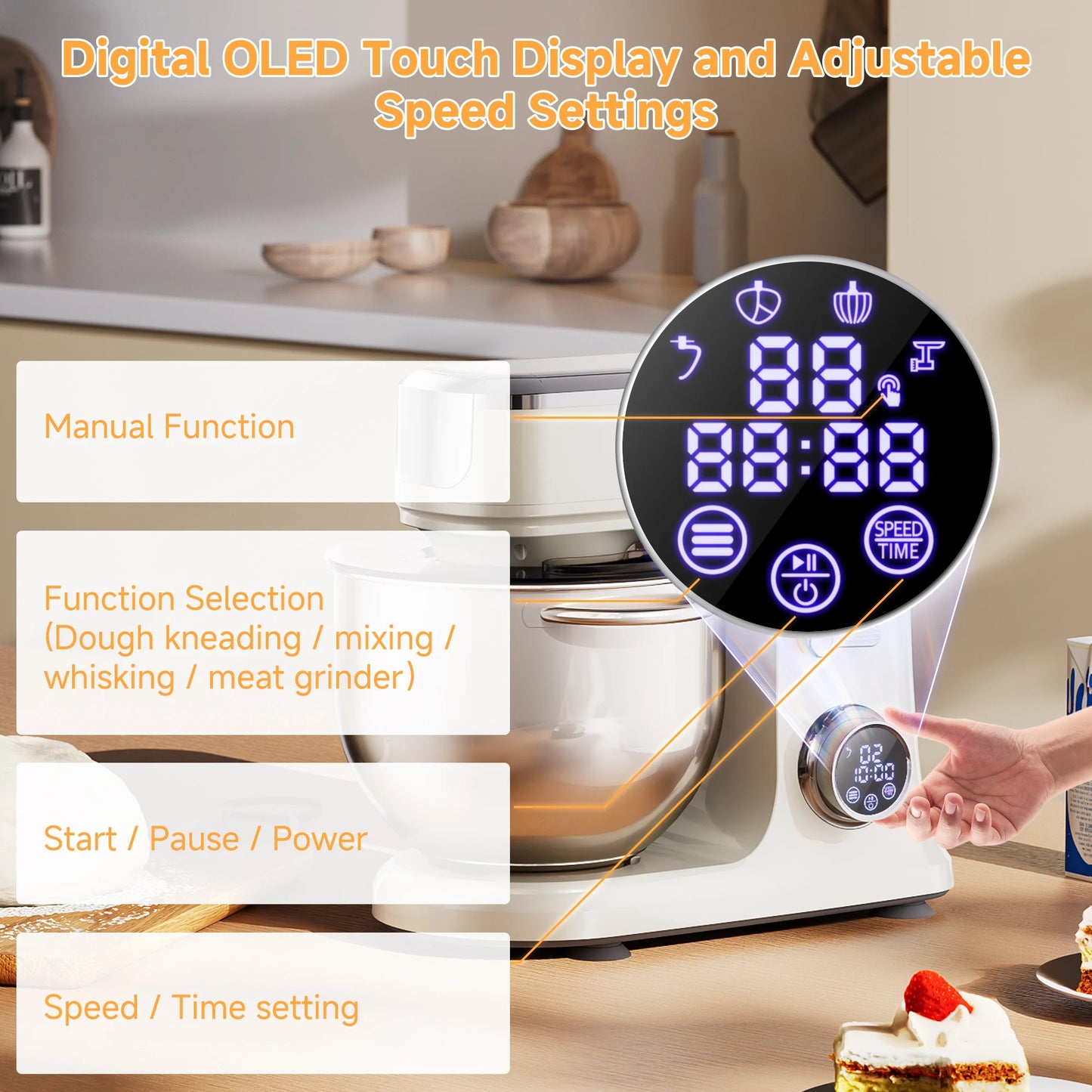 BioloMix 7L Food Mixers for Baking, 1200W DC Motor Stand Mixer, with Dough Hook, Whisk & Beater, Meat Grinder Attachment