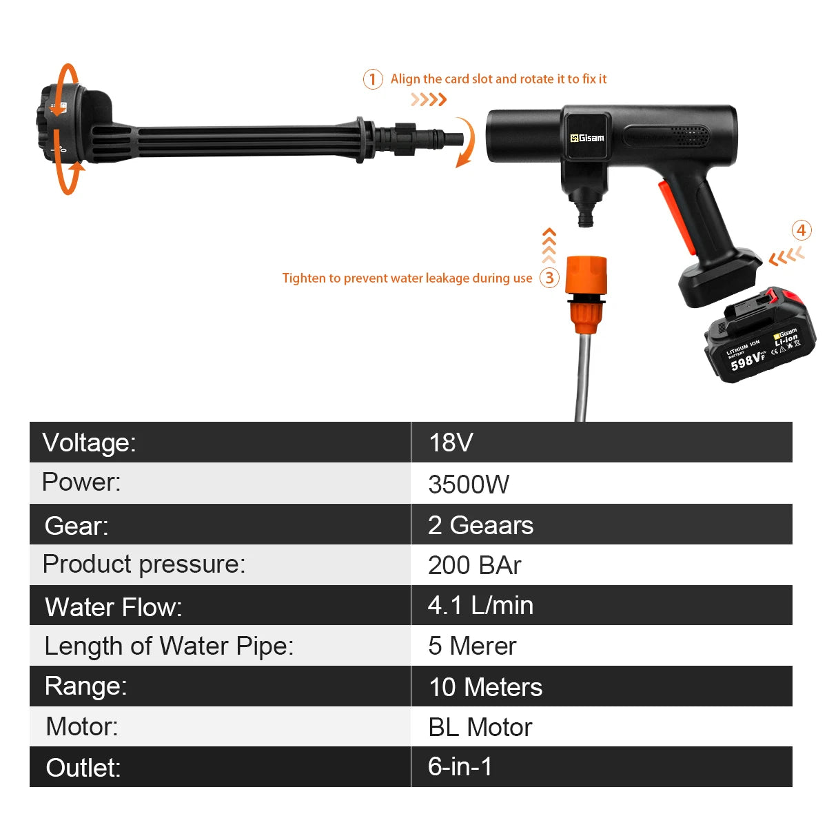 Gisam 200Bar Brushless High Pressure Car Washer 6in1 Electric Car Garden Washing Water Gun Spray Gun for Makita 18V Battery Pin