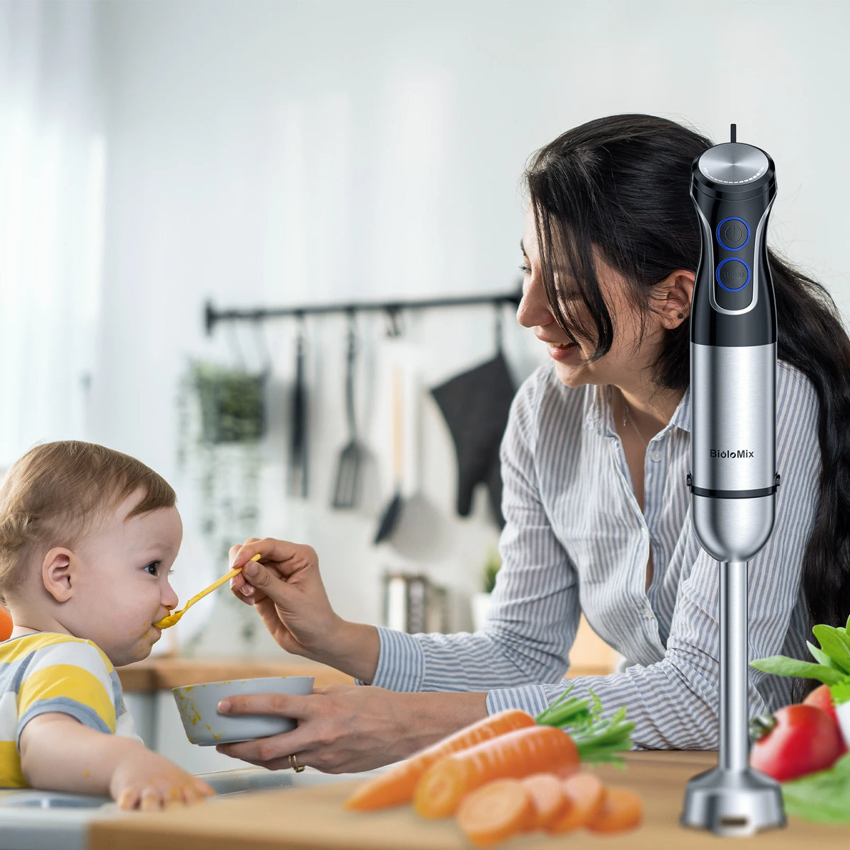 Mixeur plongeant 5 en 1 BioloMix 1500W avec lame en acier inoxydable 304 pour purées, smoothies et préparation d'aliments pour bébés