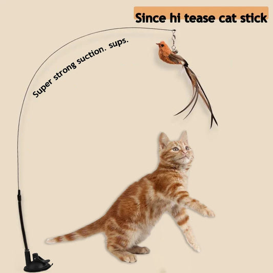 A flexible cat toy with a suction cup base, a bird-shaped lure, and a strong suction.