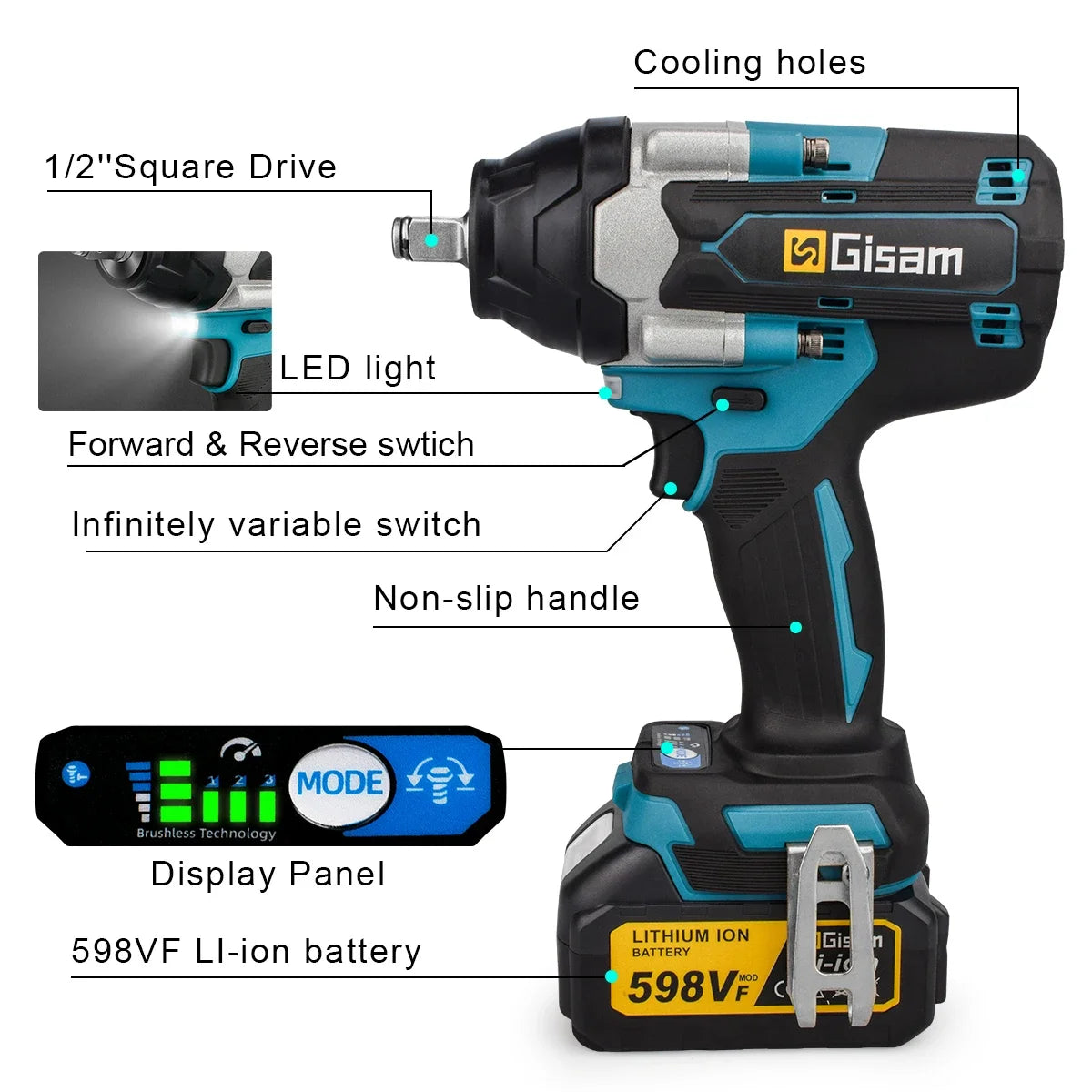 Gisam 1800N.M Brushless Electric Impact Wrench 1/2 Inch Cordless Wrench Screwdriver Power Tool For Makita 18V Battery Pin