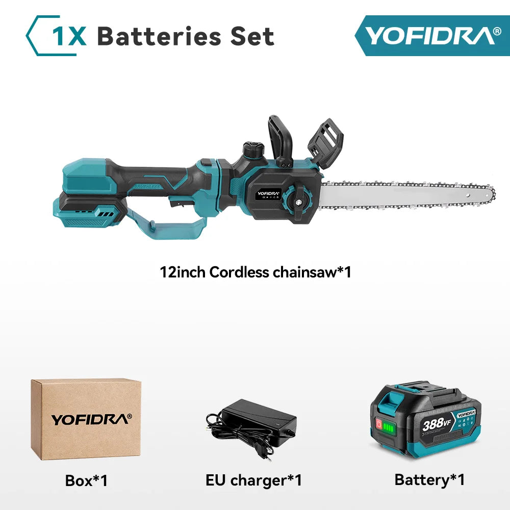 YOFIDRA 7000W 12Inch Brushless Chainsaw Stretchable Handheld Pruning Chain Saws Garden Wood Cutting Tools For Makita Battery Pin