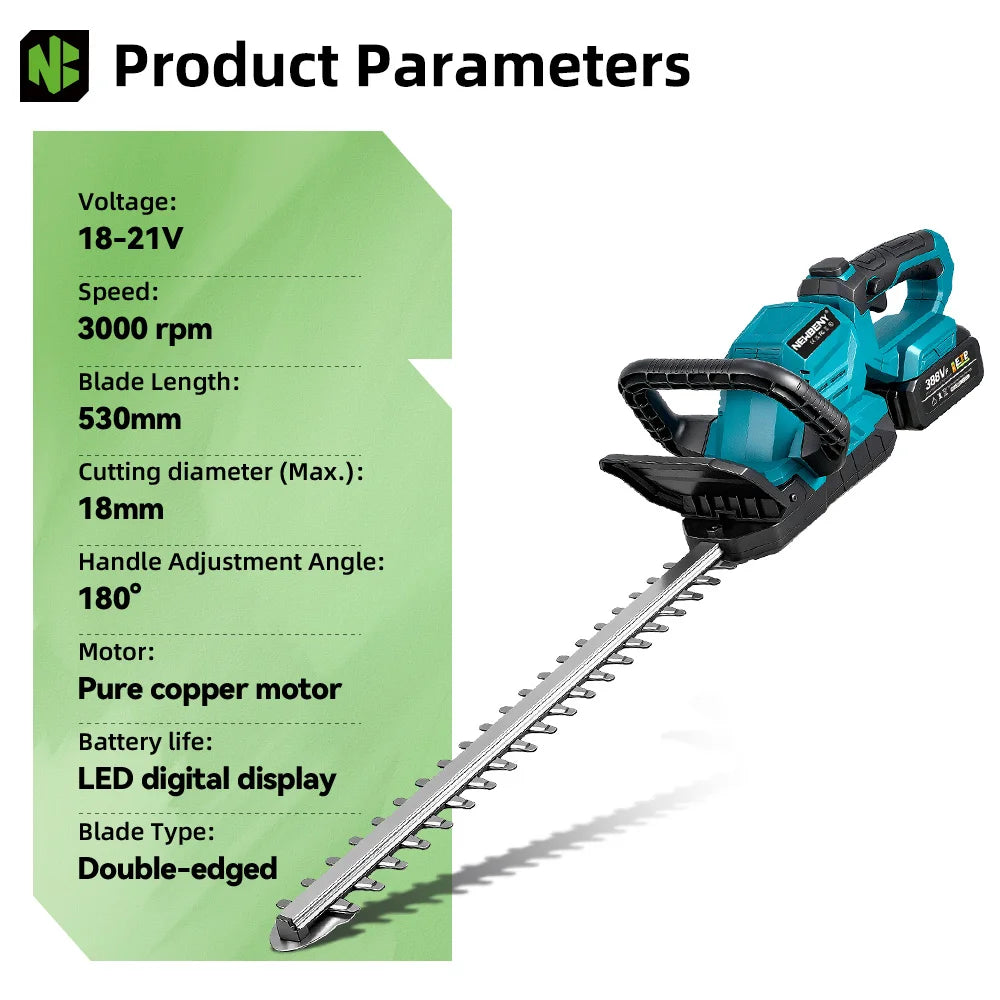 NEWBENY 530MM Electric Hedge Trimmer 180° Adjustment Angle Lawn Mower Hedge Pruner Garden Power Tool For Makita 18V Battery Pin