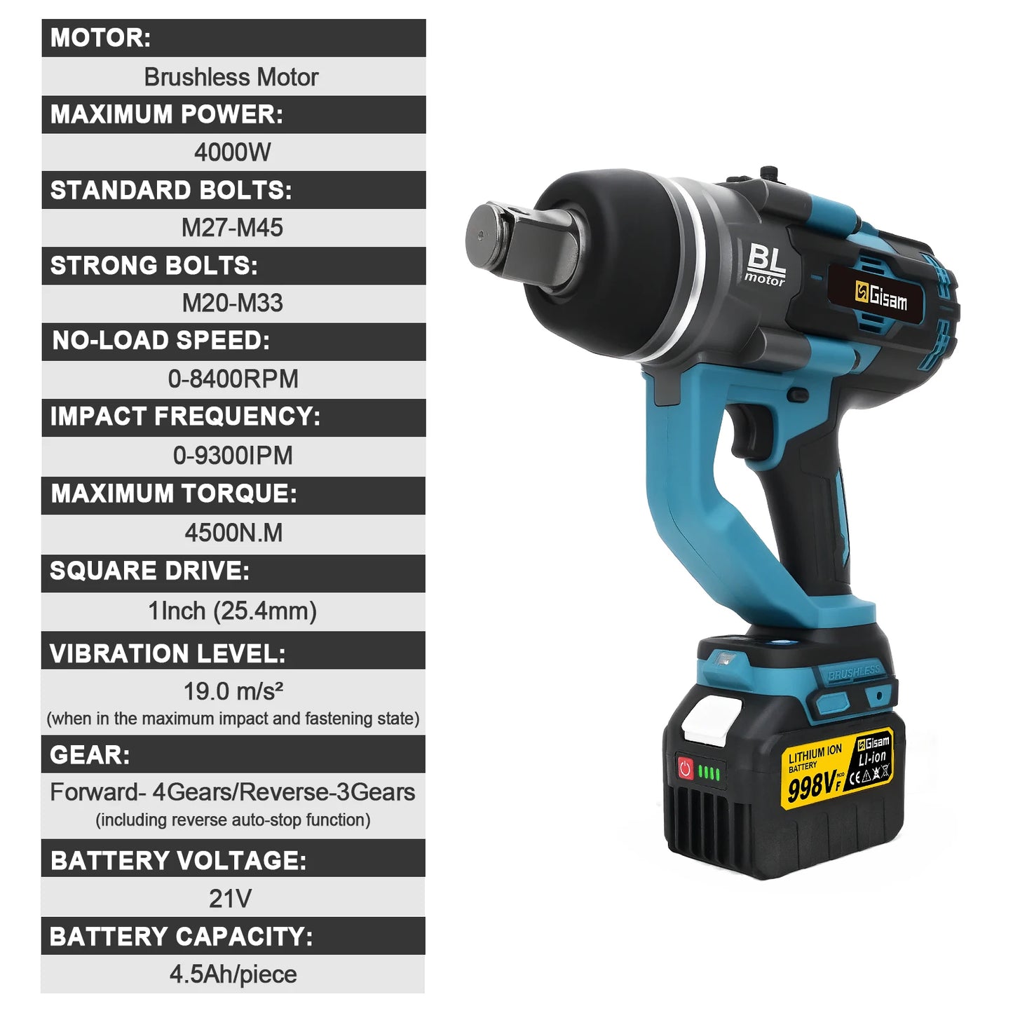 Gisam 4500N.M Brushless Electric Wrench 1 inch Impact Wrench Cordless High Torque Heavy-duty Tire Repair Wrench Screwdriver Drill Power Tool For Makita 18V Battery Pin