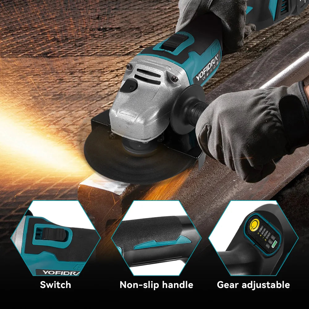 YOFIDRA Meuleuse d'Angle Sans Fil Brushless 4 Vitesses 125mm Machine de Coupe Polissage Outil Électrique pour Batterie Makita
