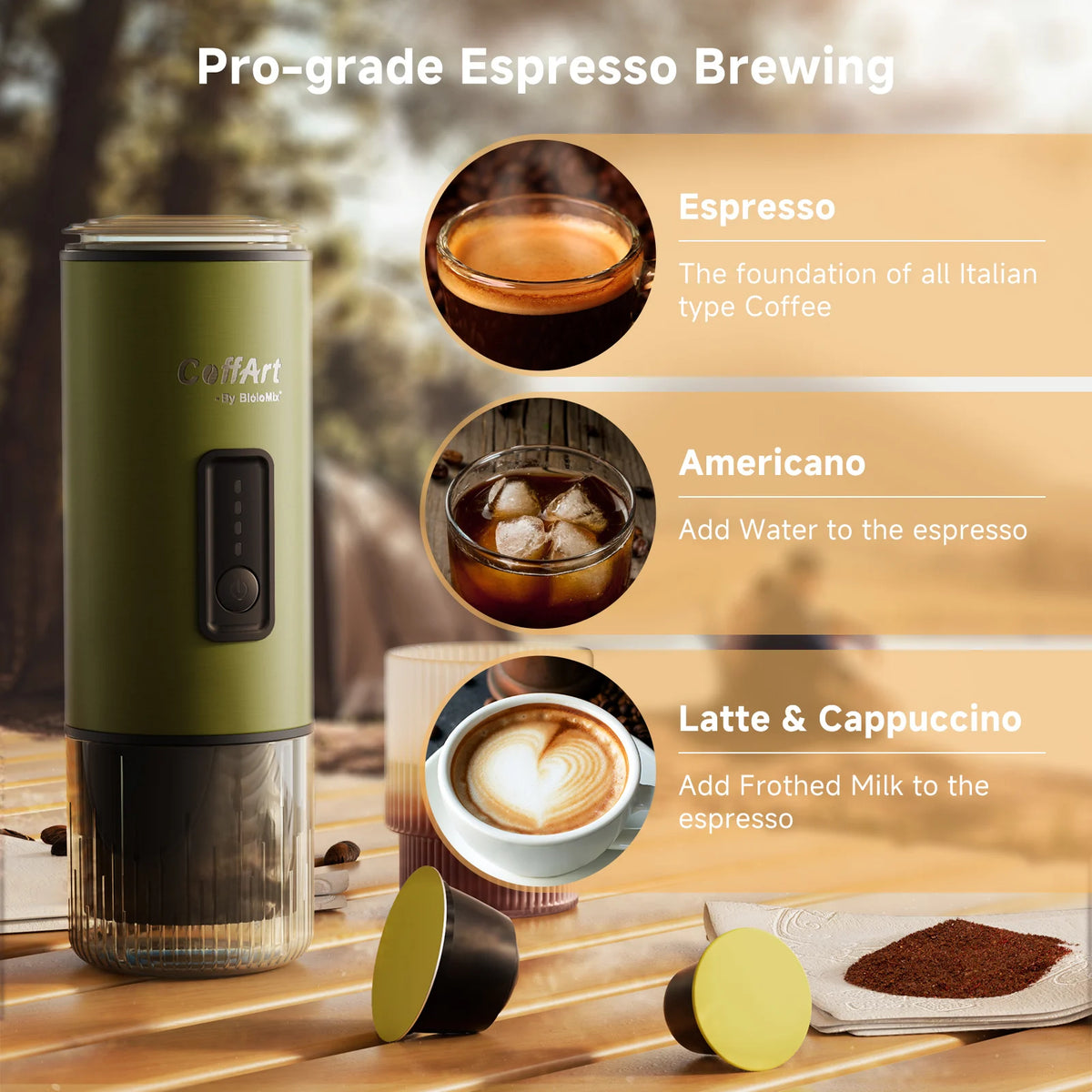 BioloMix draagbaar 3-in-1 koffiezetapparaat USB/12V reisespressomachine voor Nespresso Dolce Gusto capsules & koffiepoeder